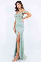3D flower applique rhinestones and beaded sequin slit gown-smcdress