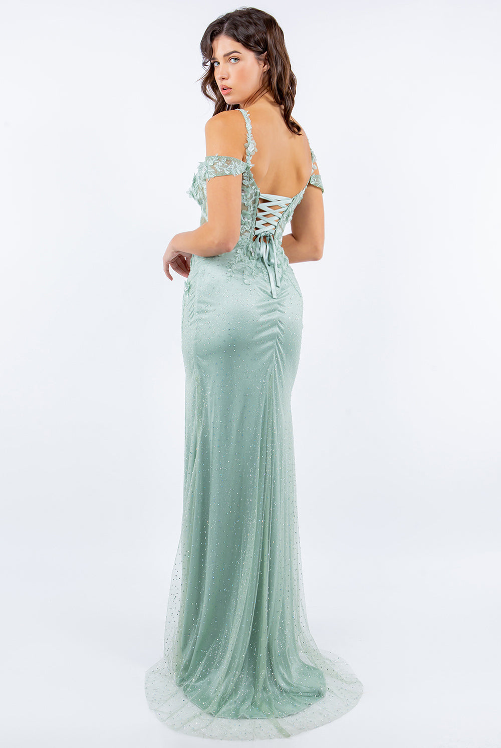 3D flower applique rhinestones and beaded sequin slit gown-smcdress