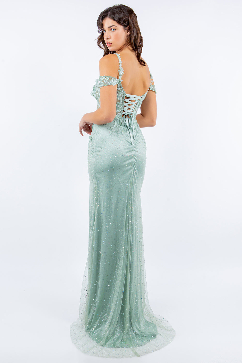 3D flower applique rhinestones and beaded sequin slit gown-smcdress