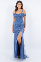 Smoky blue long dress with side slit