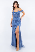 3D flower applique rhinestones and beaded sequin slit gown-smcdress