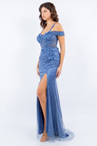 3D flower applique rhinestones and beaded sequin slit gown-smcdress