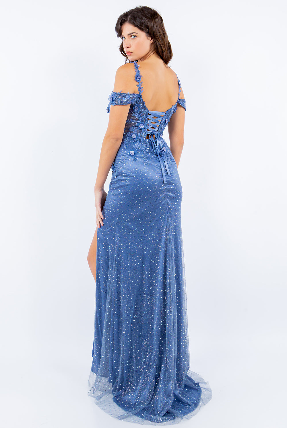 3D flower applique rhinestones and beaded sequin slit gown-smcdress