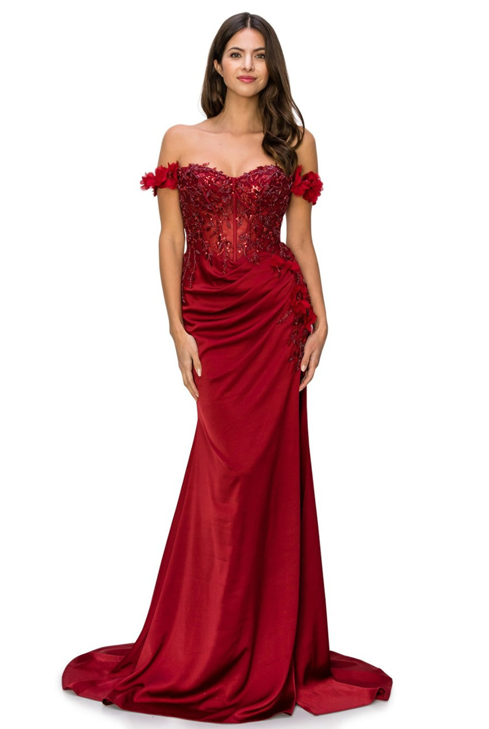 3D floral long off the shoulder dress with fitted skirt-smcdress