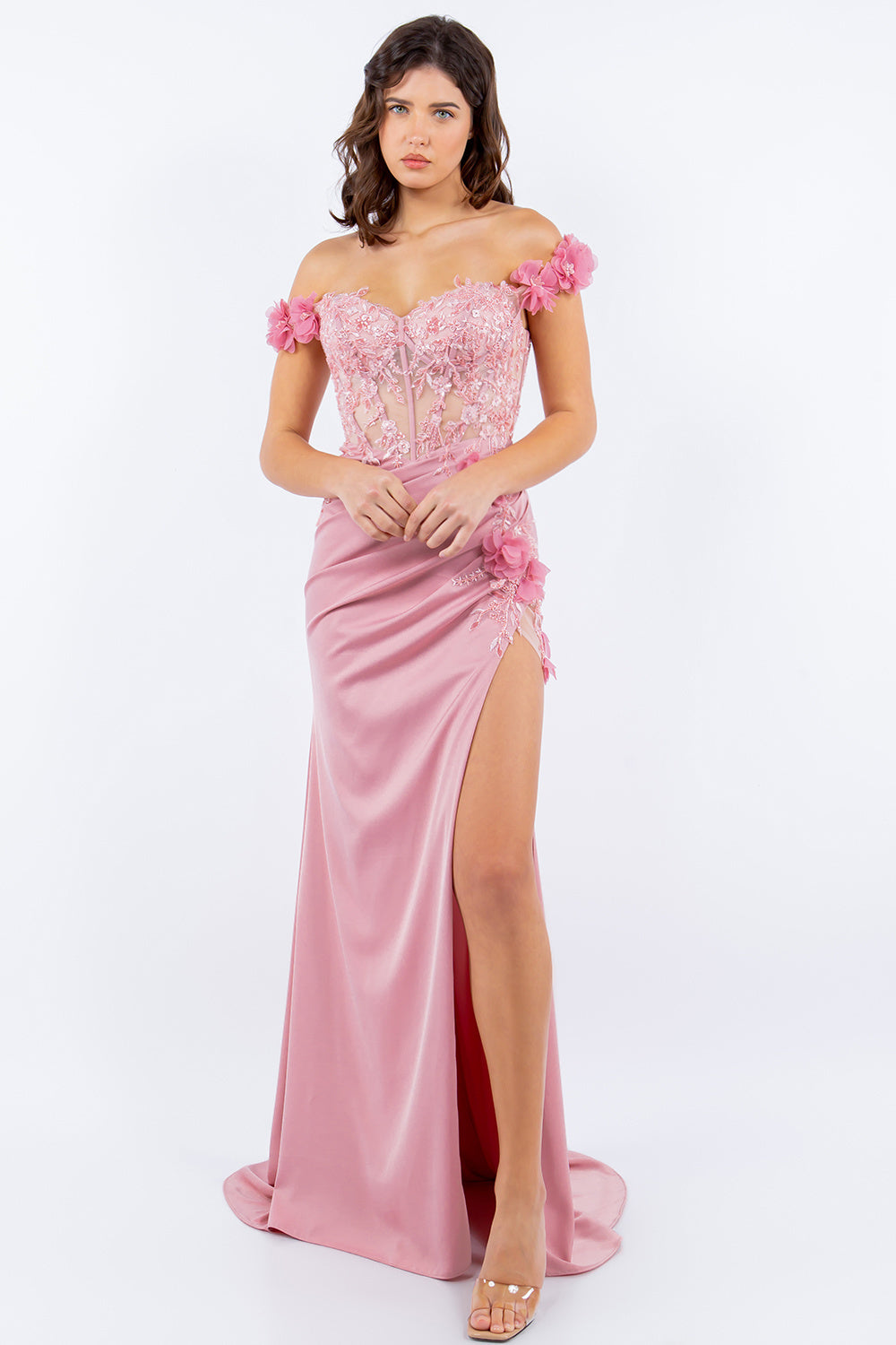 3D floral long off the shoulder dress with fitted skirt-smcdress
