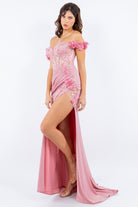 3D floral long off the shoulder dress with fitted skirt-smcdress