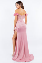 3D floral long off the shoulder dress with fitted skirt-smcdress