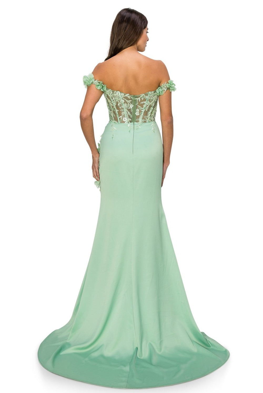 Back of sage sheer top prom dress