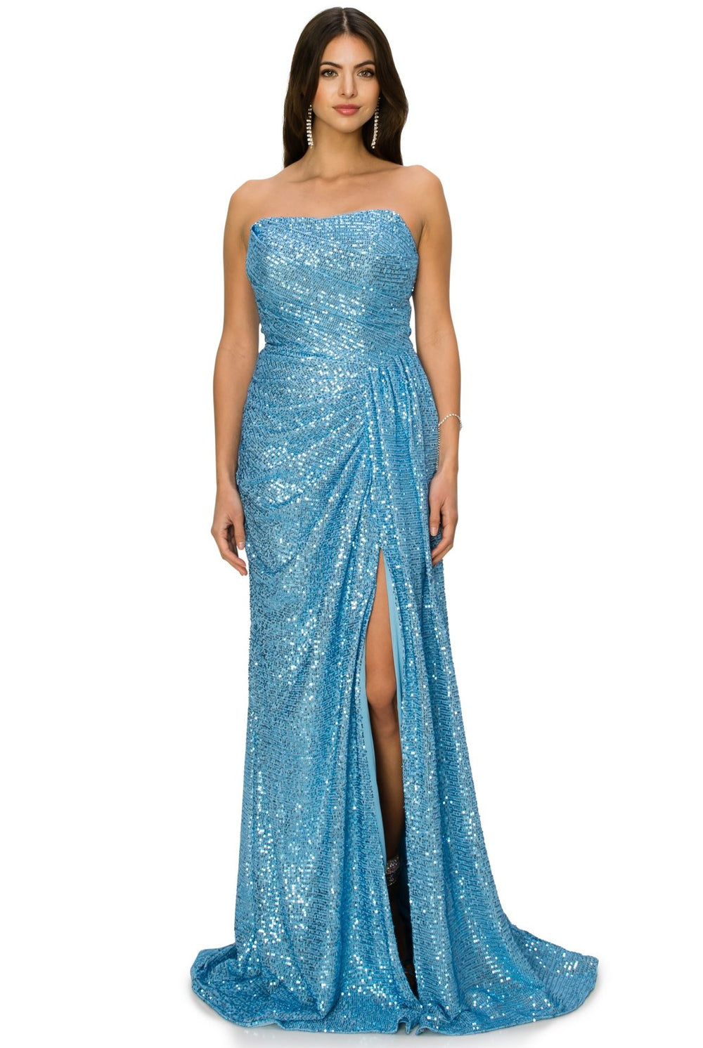 Blue sequin side slit evening dress