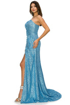 Blue sequin side slit evening dress alternative