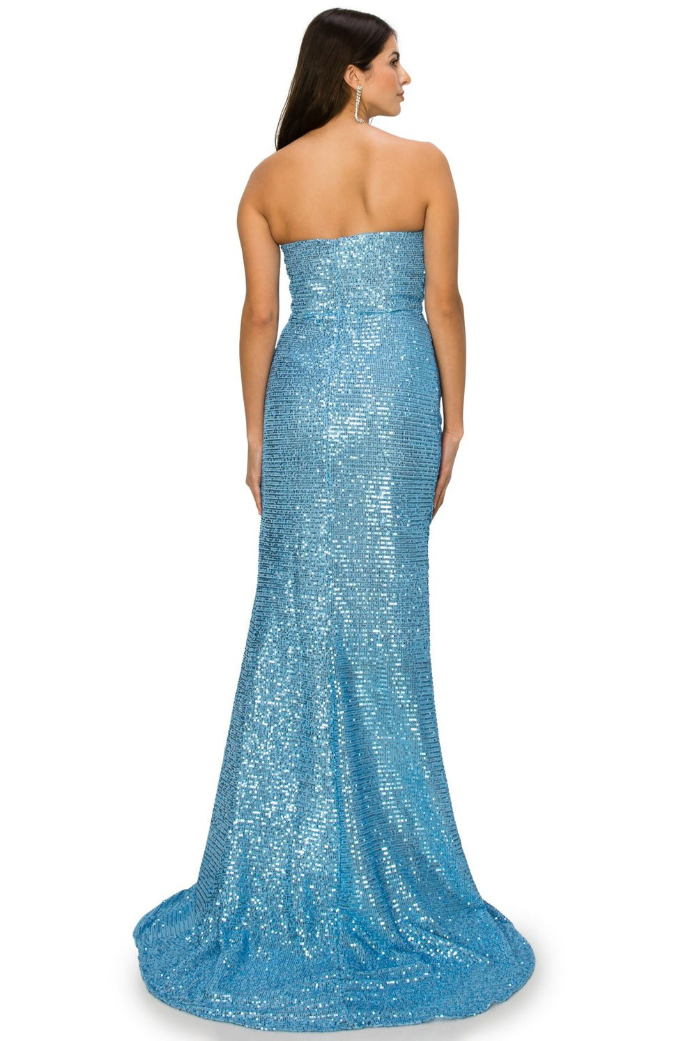 A closer look at blue sequin side slit evening dress
