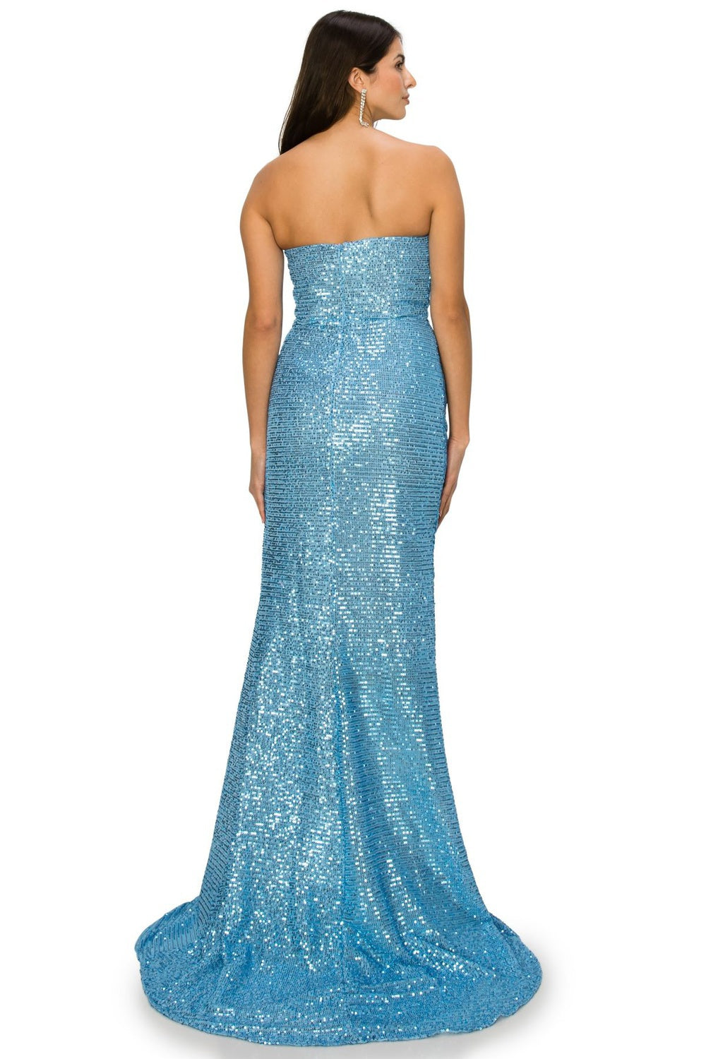 A closer look at blue sequin side slit evening dress