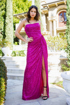 fuschia sequin side slit evening dress