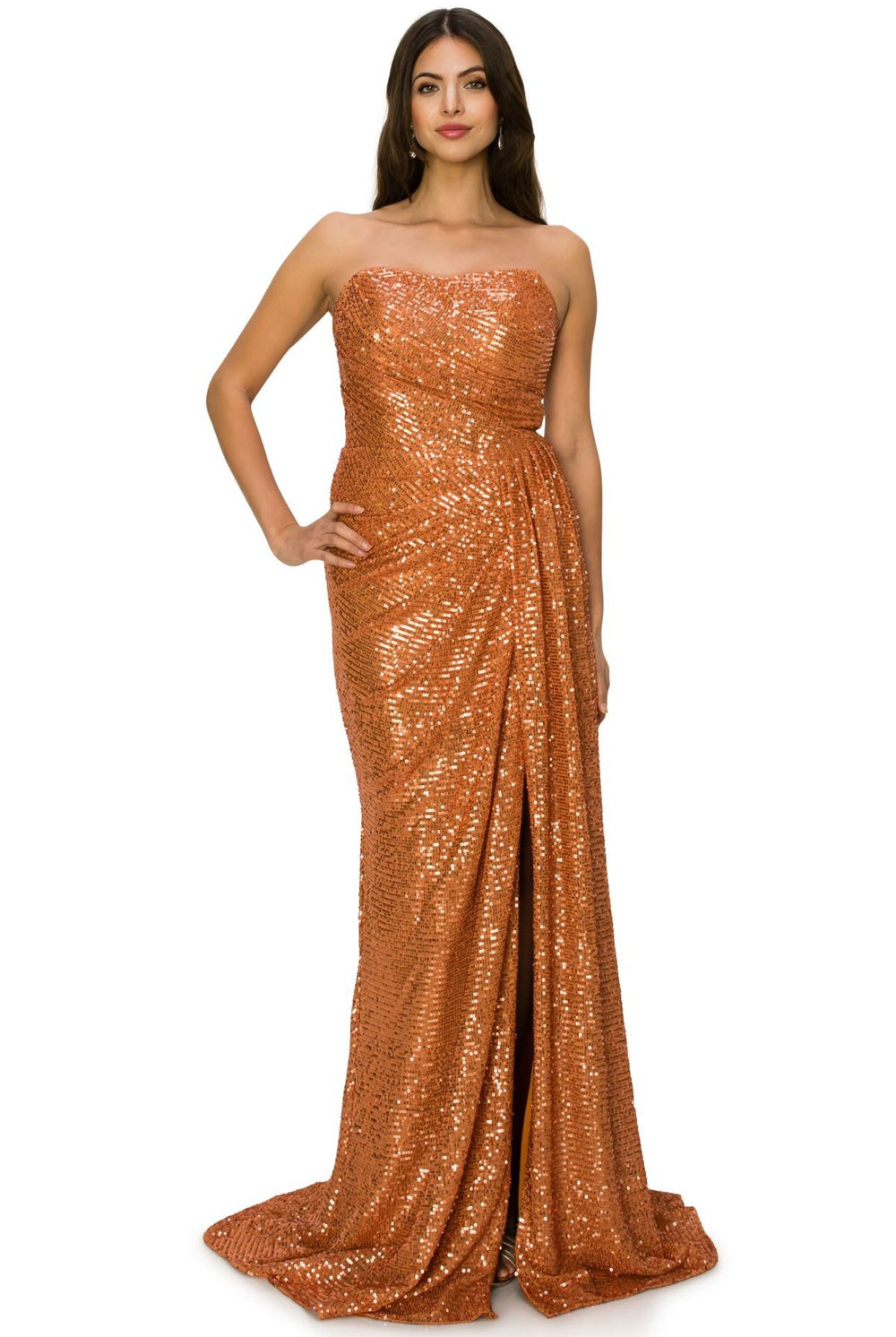 Orange sequin side slit evening dress alternative