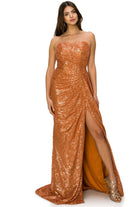Orange sequin side slit evening dress