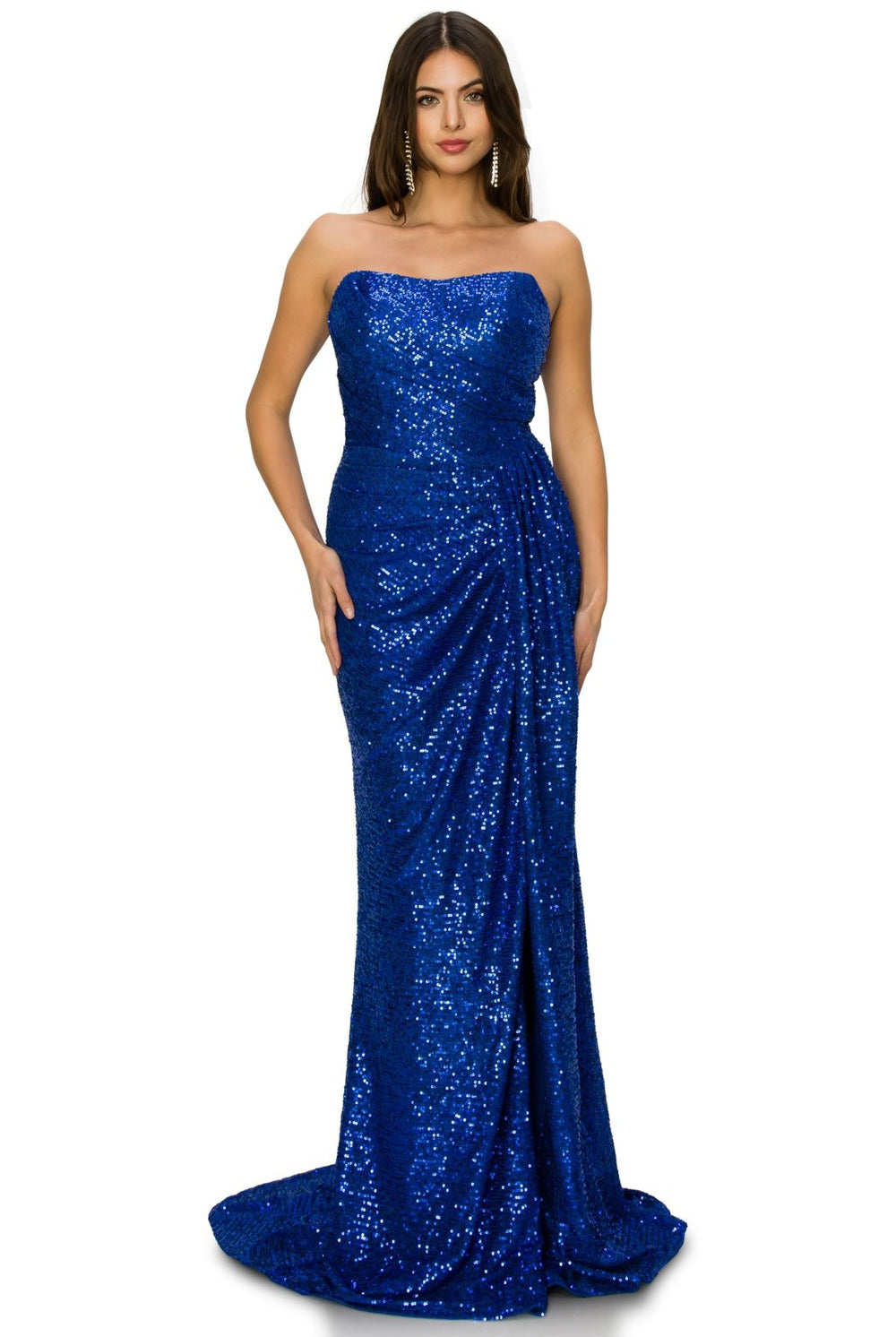 Fitted strapless ruched sequin gown.-smcdress