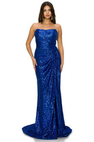 Fitted strapless ruched sequin gown.-smcdress