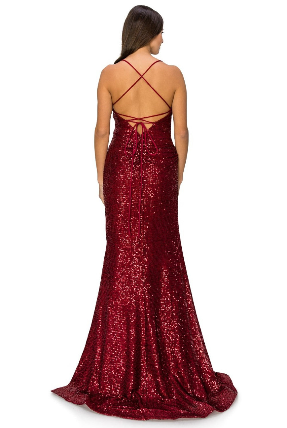 Back of burgundy sheath sequin evening dress