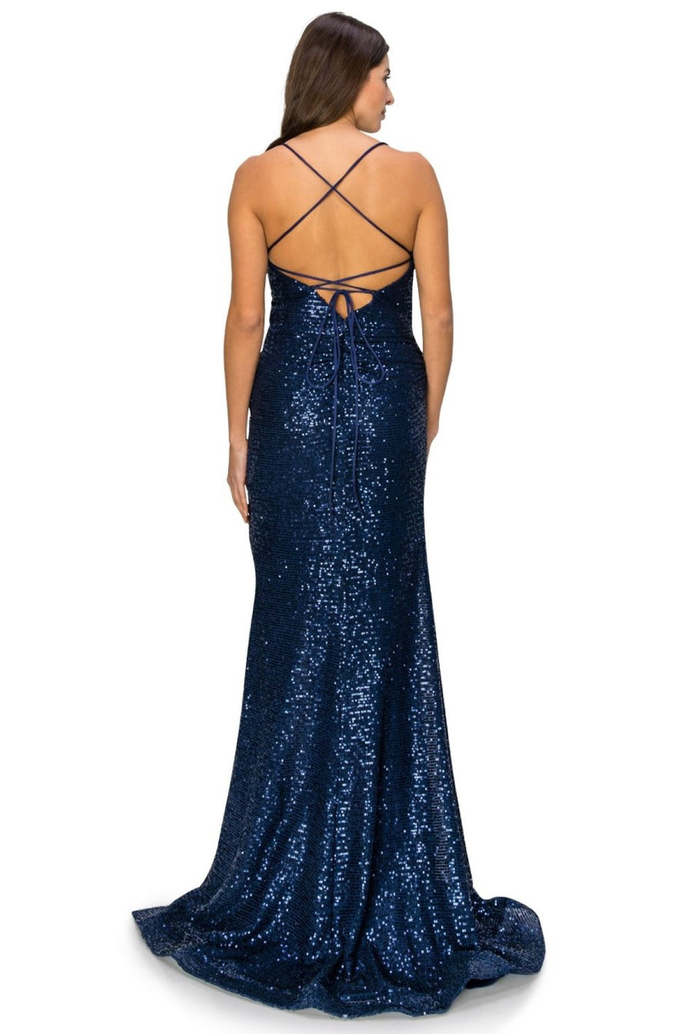 Back of royal blue sheath sequin evening dress