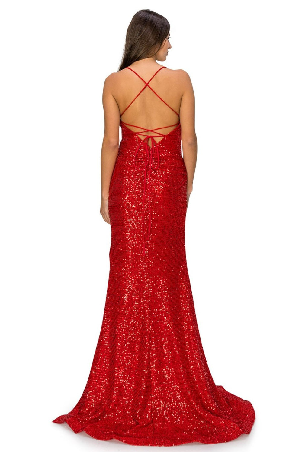 Fitted sequin evening dress with side slit.-smcdress