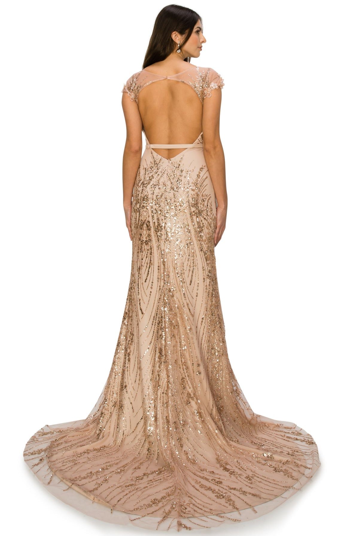 back of rosegold long sequin dress