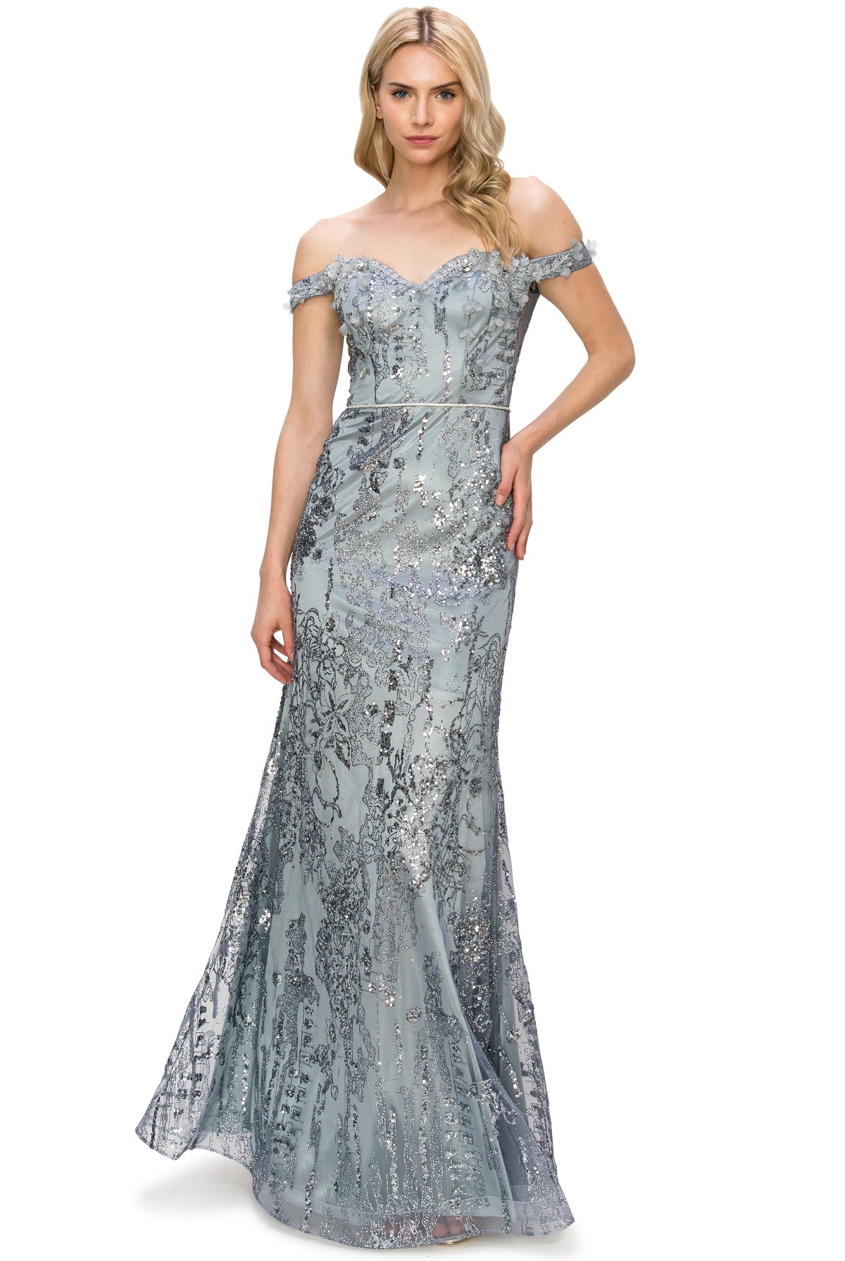 Smoky blue floral off the shoulder dress for wedding guest  alternative