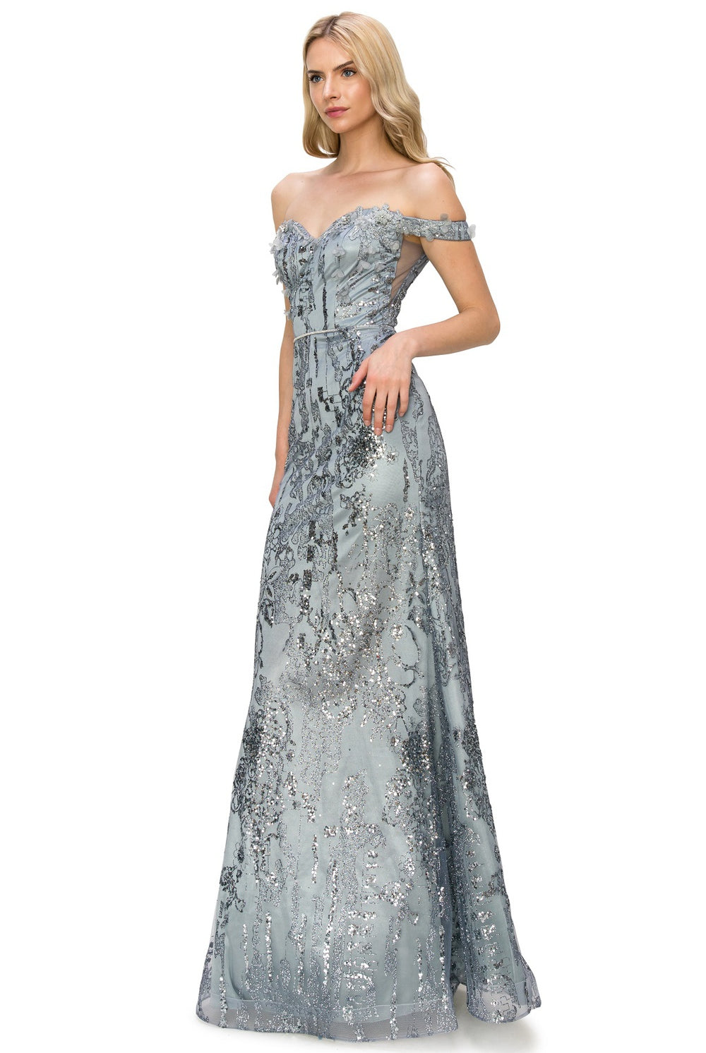 Smoky blue floral off the shoulder dress for wedding guest