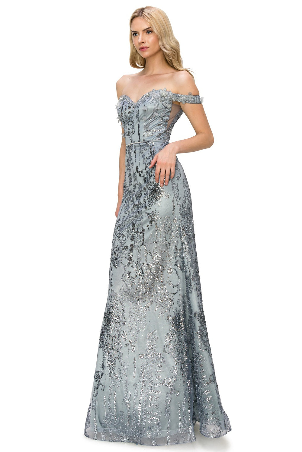Smoky blue floral off the shoulder dress for wedding guest