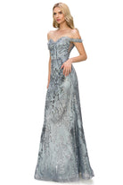Smoky blue floral off the shoulder dress for wedding guest