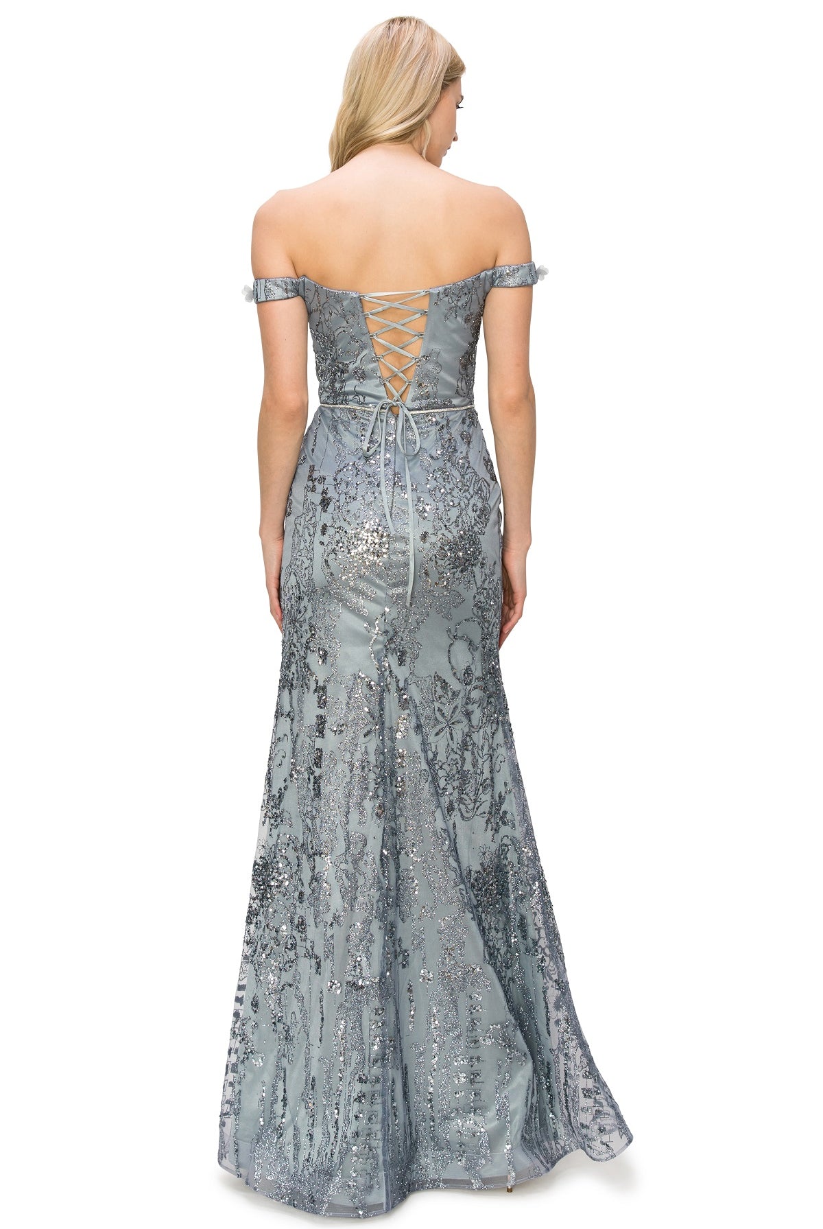 Back of Smoky blue floral off the shoulder dress for wedding guest