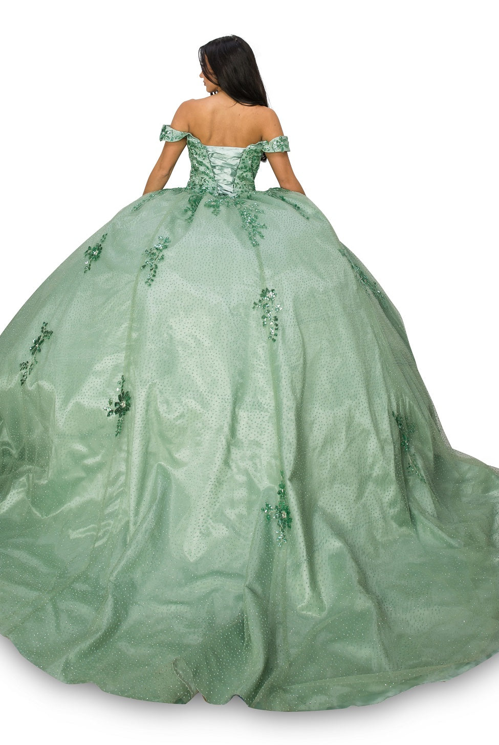 Back of sage ball gown with train