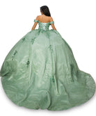 Back of sage ball gown with train