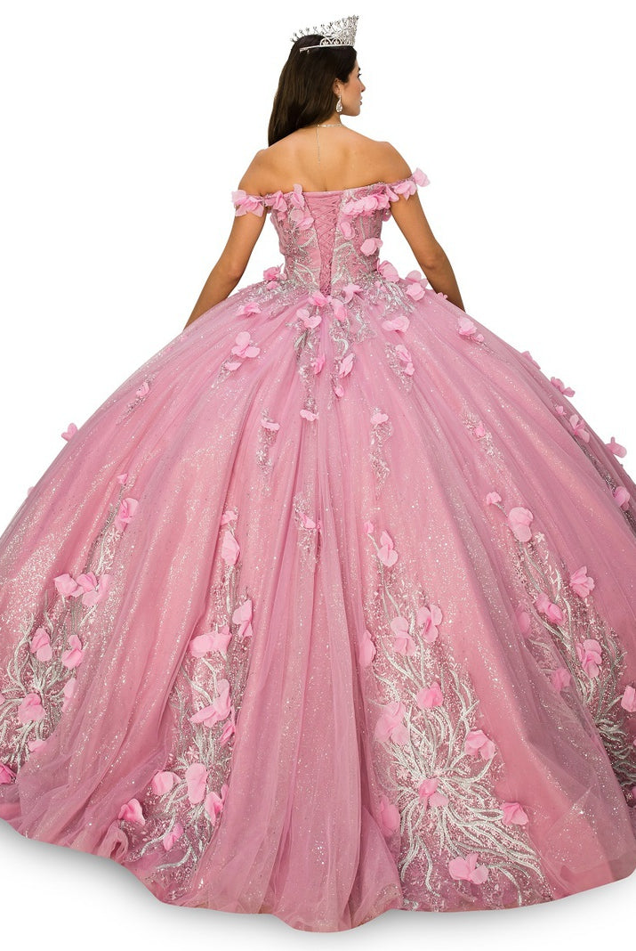 Off shoulder silver embroidered stones with 3D floral applique gown-smcdress