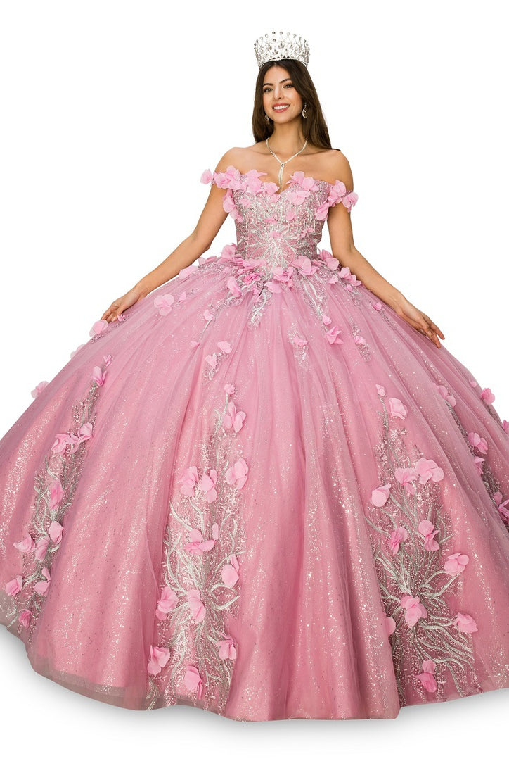 Off shoulder silver embroidered stones with 3D floral applique gown-smcdress