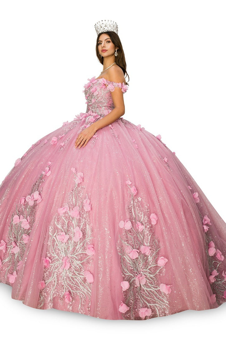 Off shoulder silver embroidered stones with 3D floral applique gown-smcdress