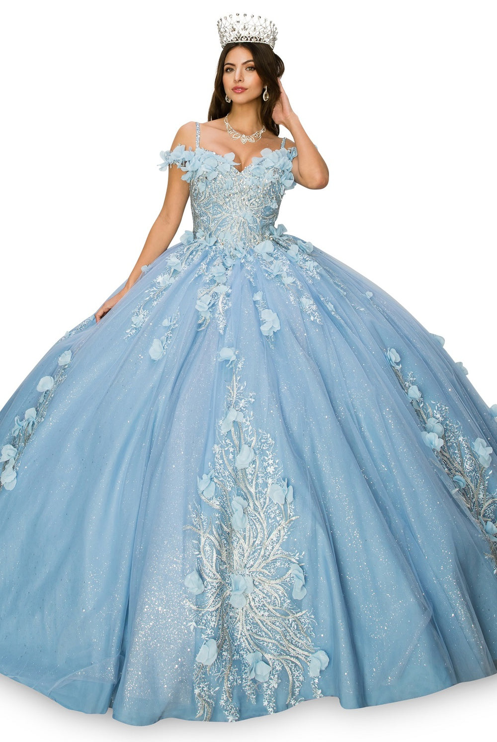 Blue floral applique ball gown