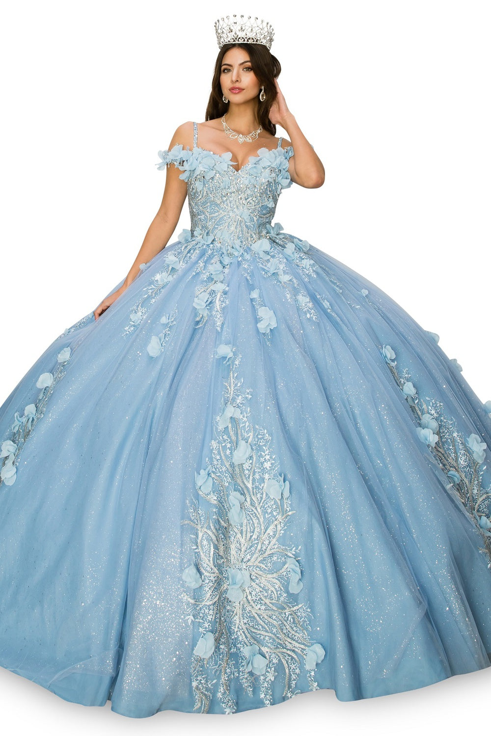Blue floral applique ball gown