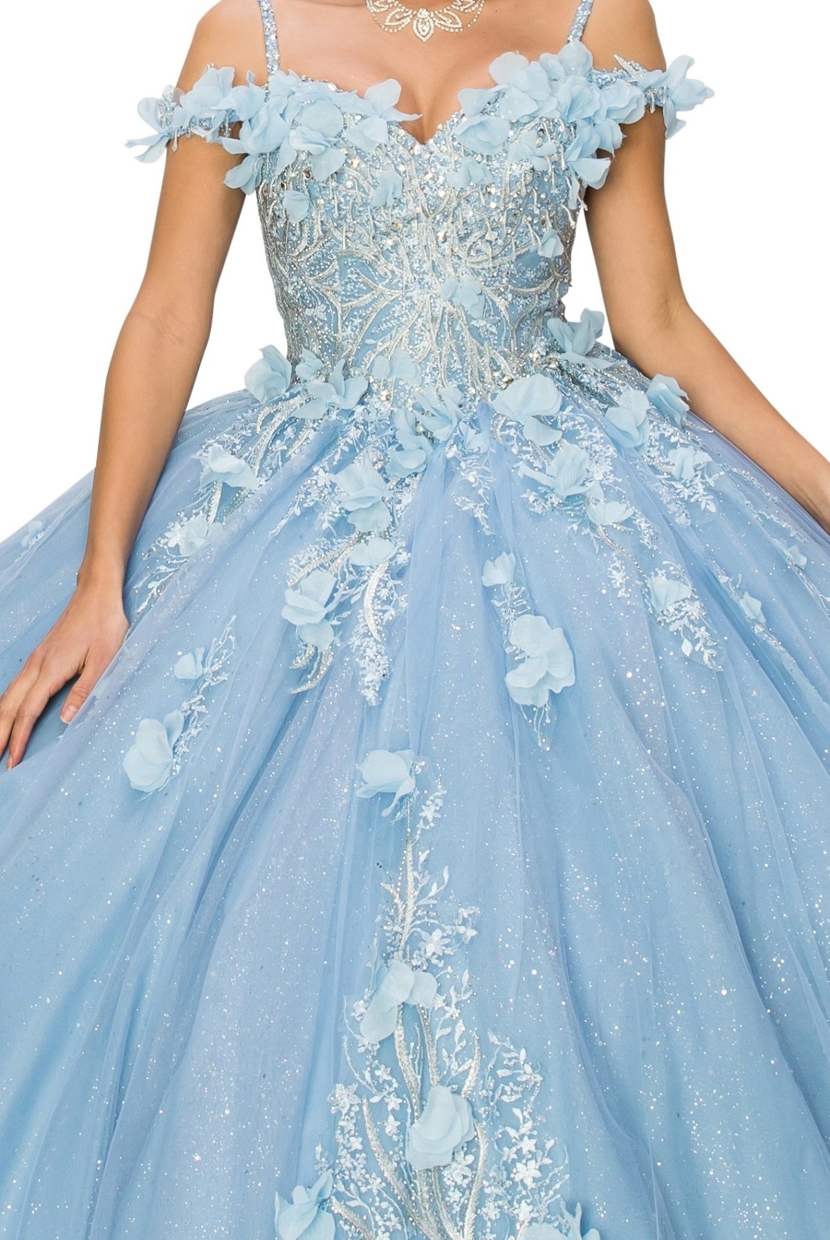A closer look at blue floral applique ball gown
