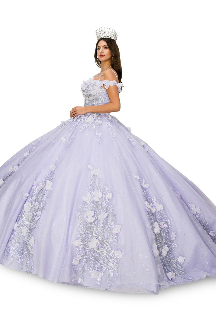 Off shoulder silver embroidered stones with 3D floral applique gown-smcdress