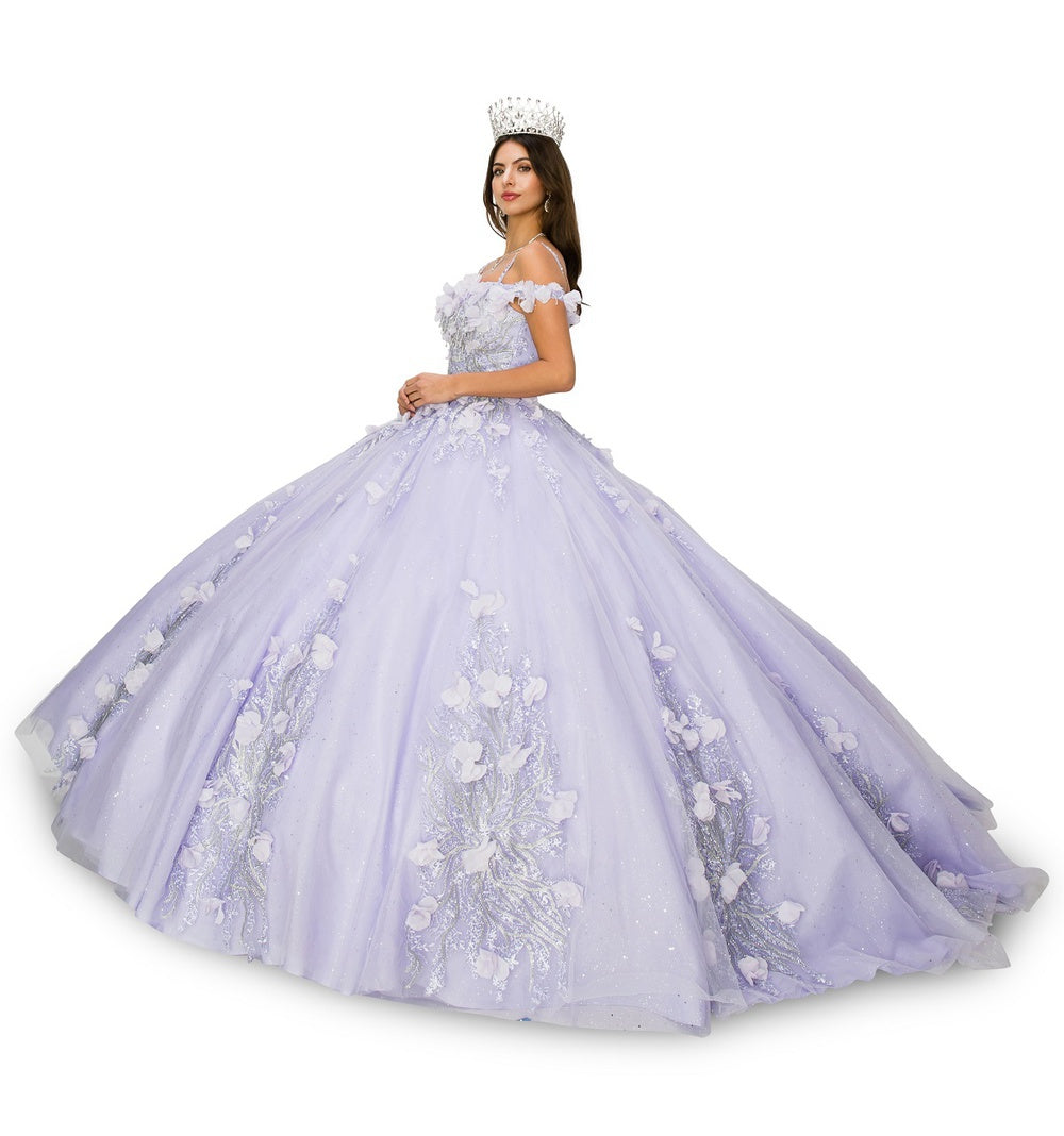 Off shoulder silver embroidered stones with 3D floral applique gown-smcdress