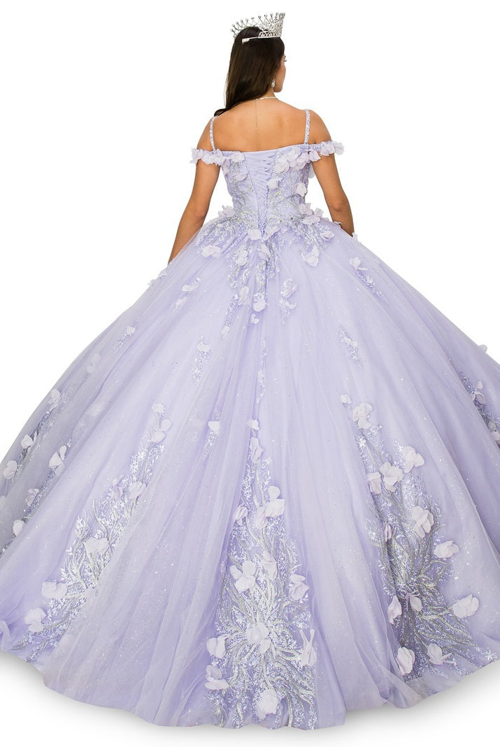 Back of the lilac floral applique ball gown