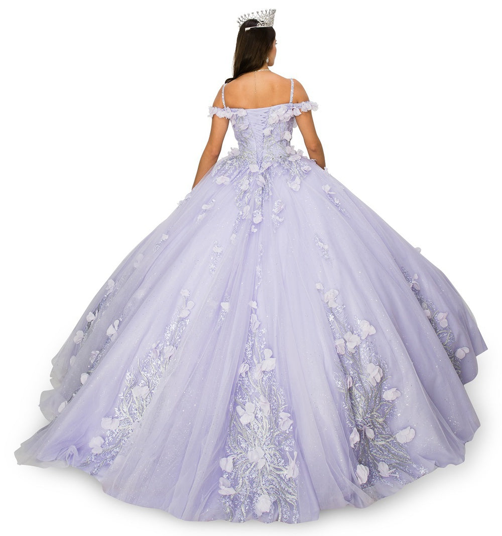 Back of the lilac floral applique ball gown