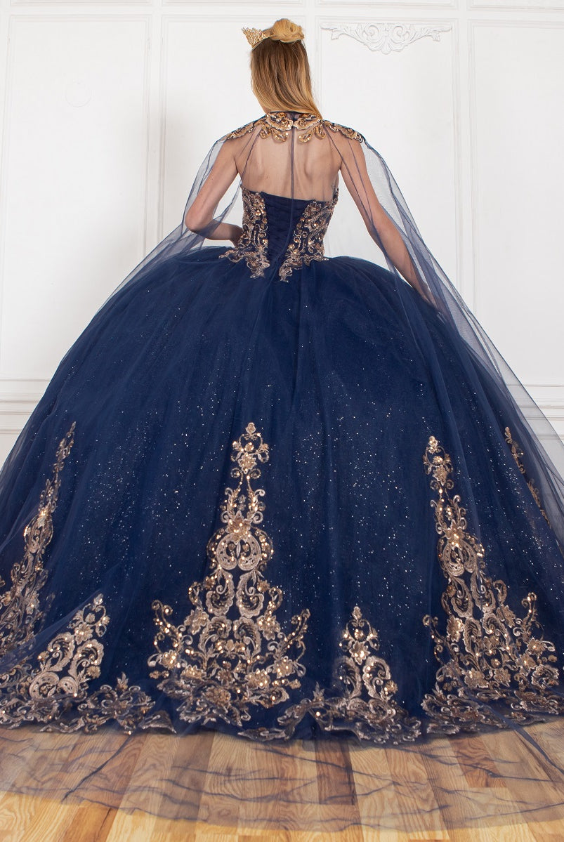 Back of formal gown with gold applique