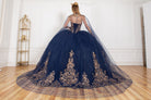 Back of formal gown with gold applique