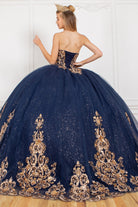 Back of formal gown with gold applique
