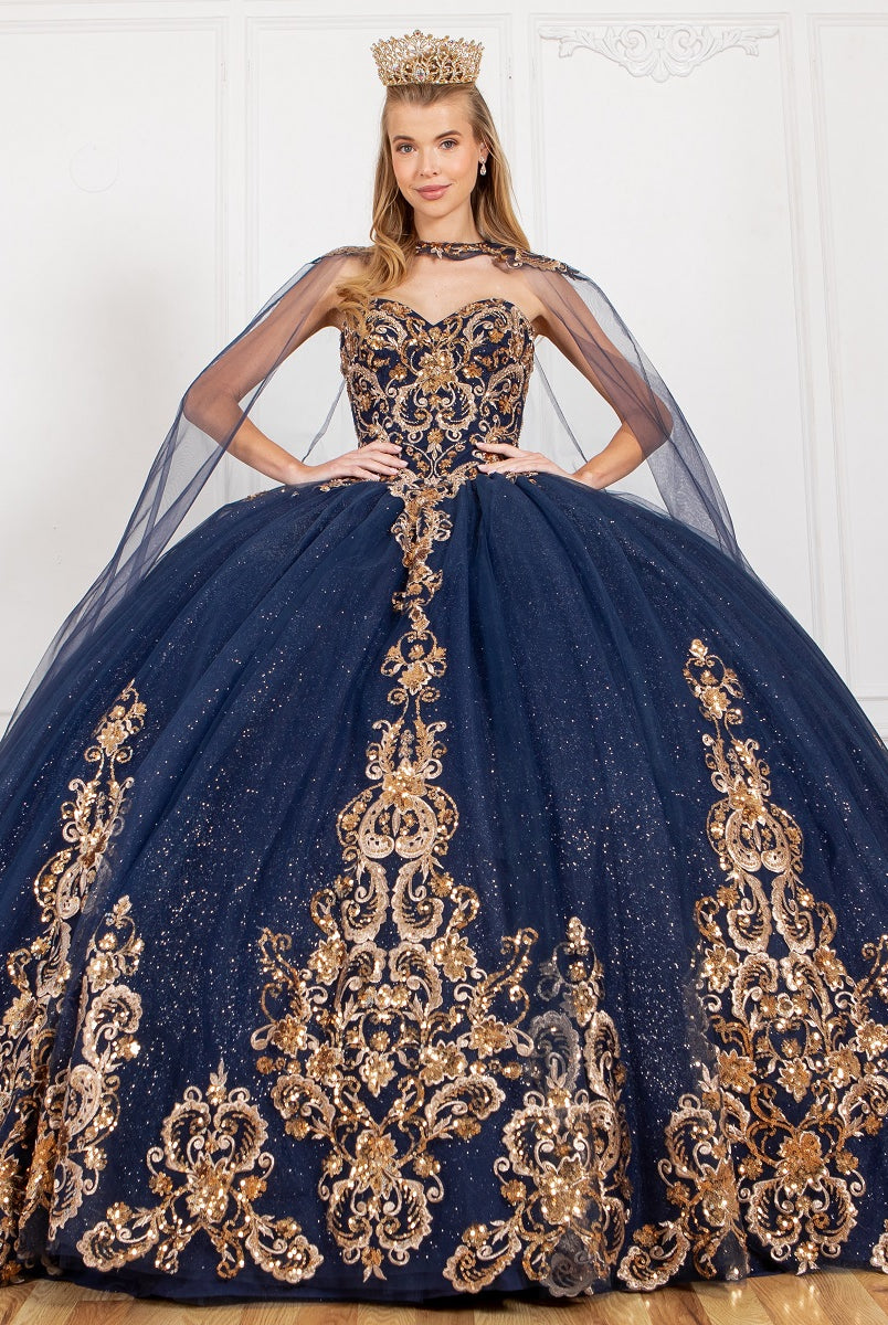 Formal gown with gold applique alternative