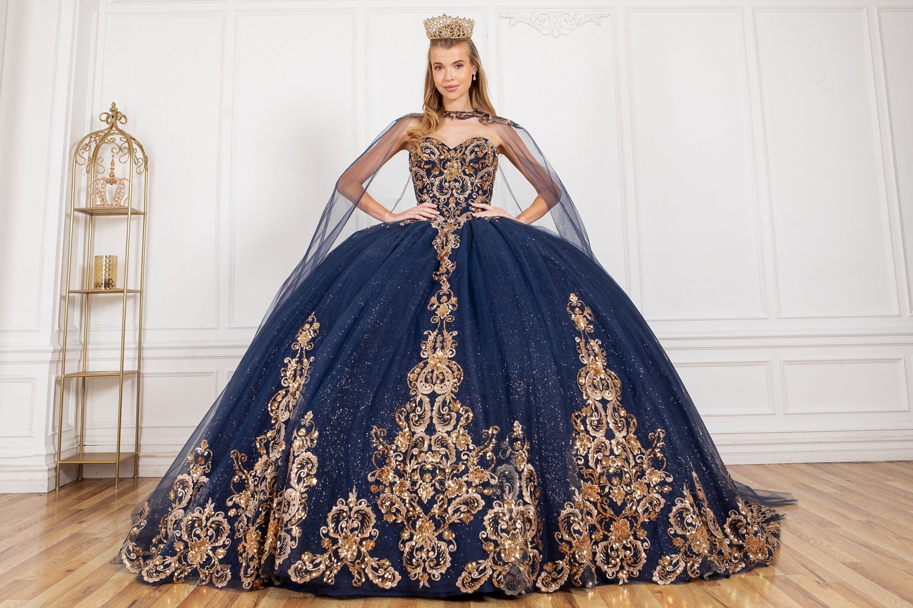 Formal gown with gold applique alternative