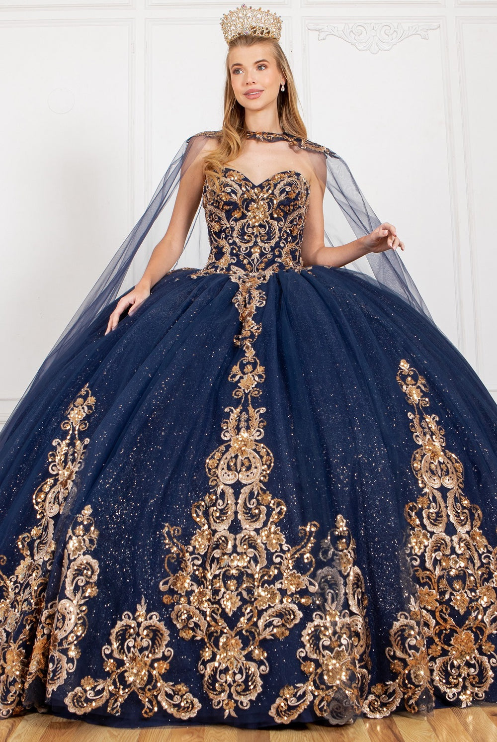 Formal gown with gold applique