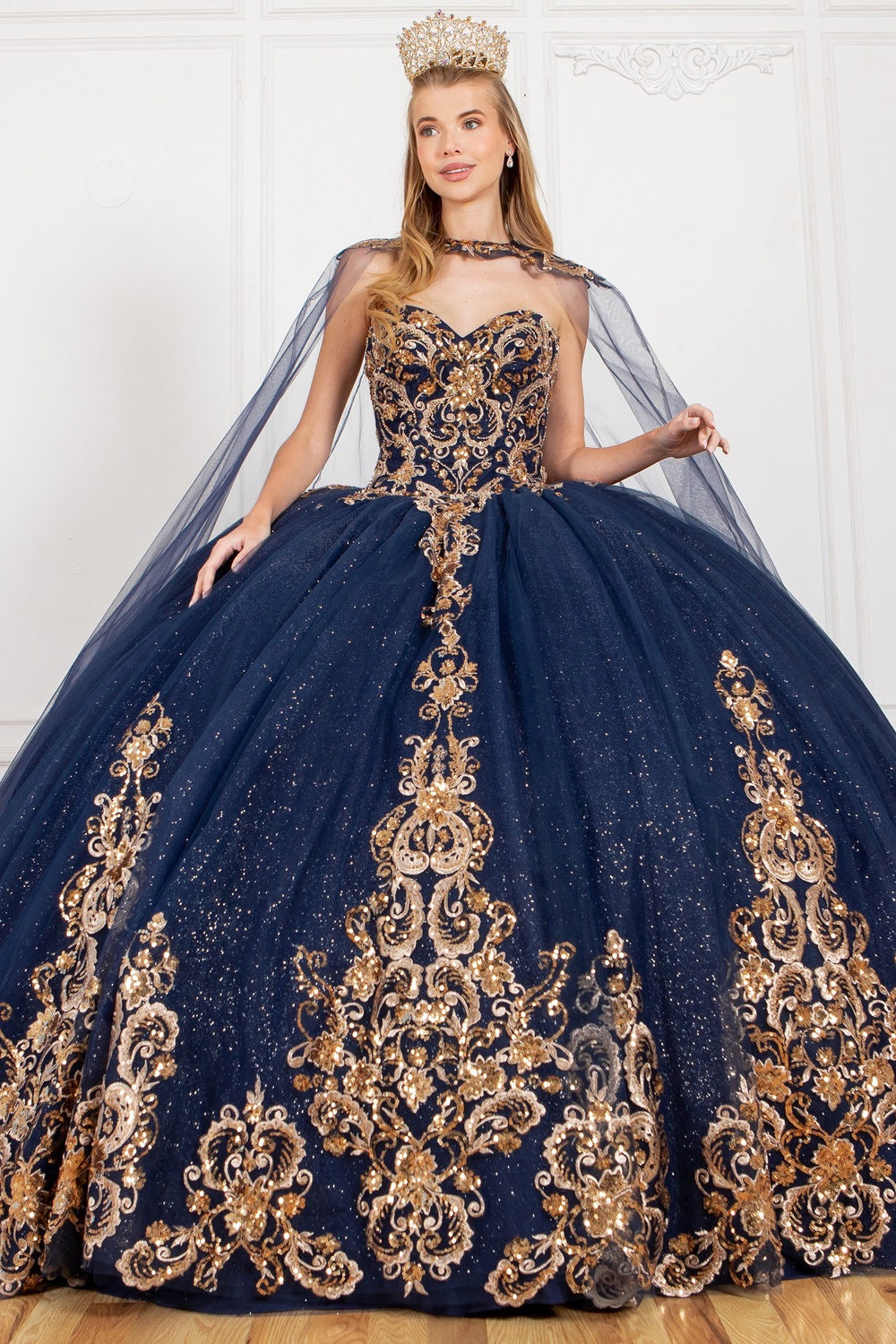 Formal gown with gold applique