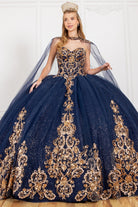 Formal gown with gold applique